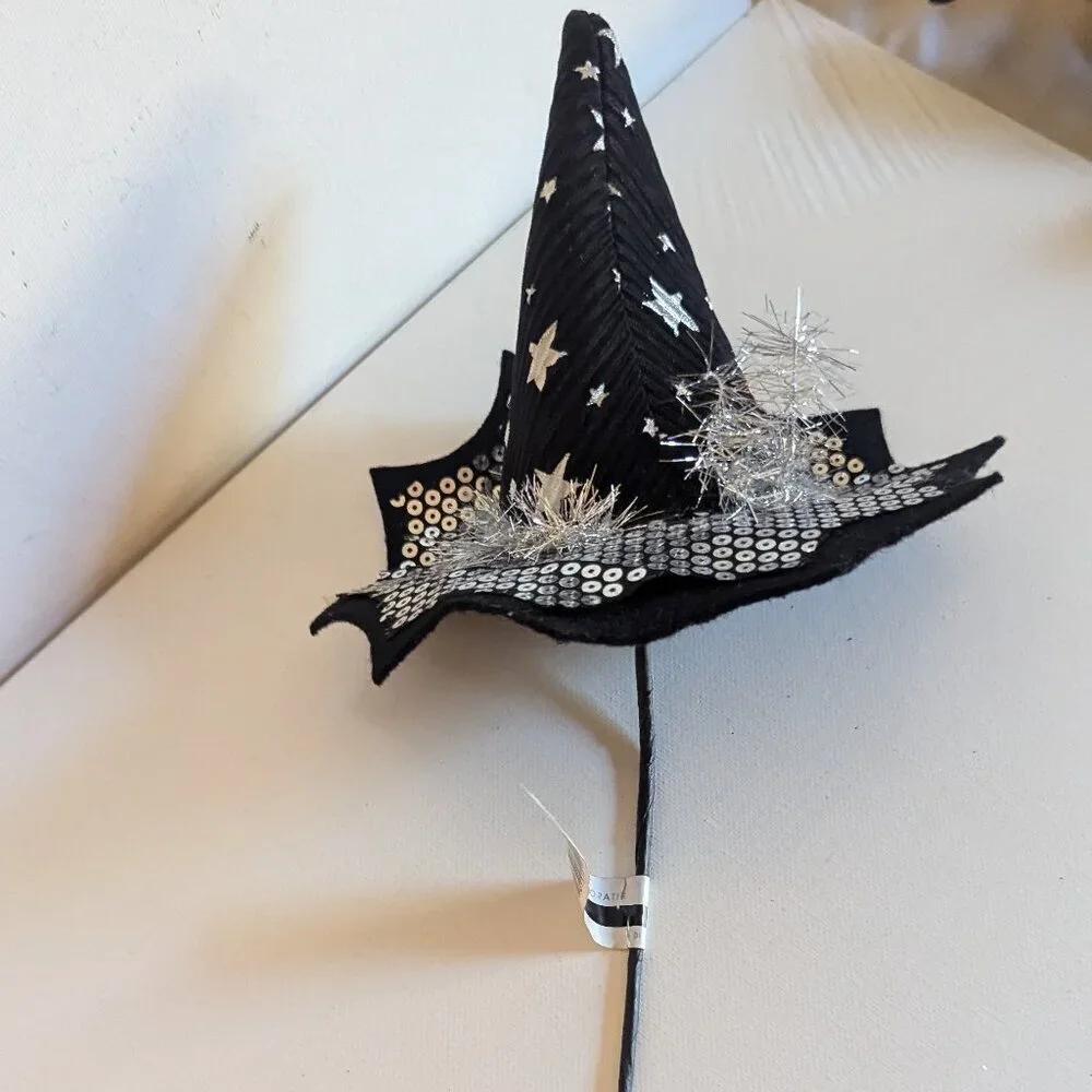 NWT Silver Stars Mini Witch Hat Floral Pick Sequins Ashland Halloween Decoration